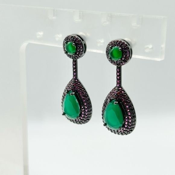 Elegant Green and Pink Drop Earrings Pave CZ Pave-New - Picture 2 of 5